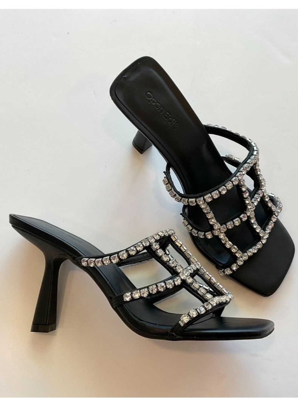 OPEN EDIT Black Rhinestone Slip On Square Toe Heels Size 8 NWT